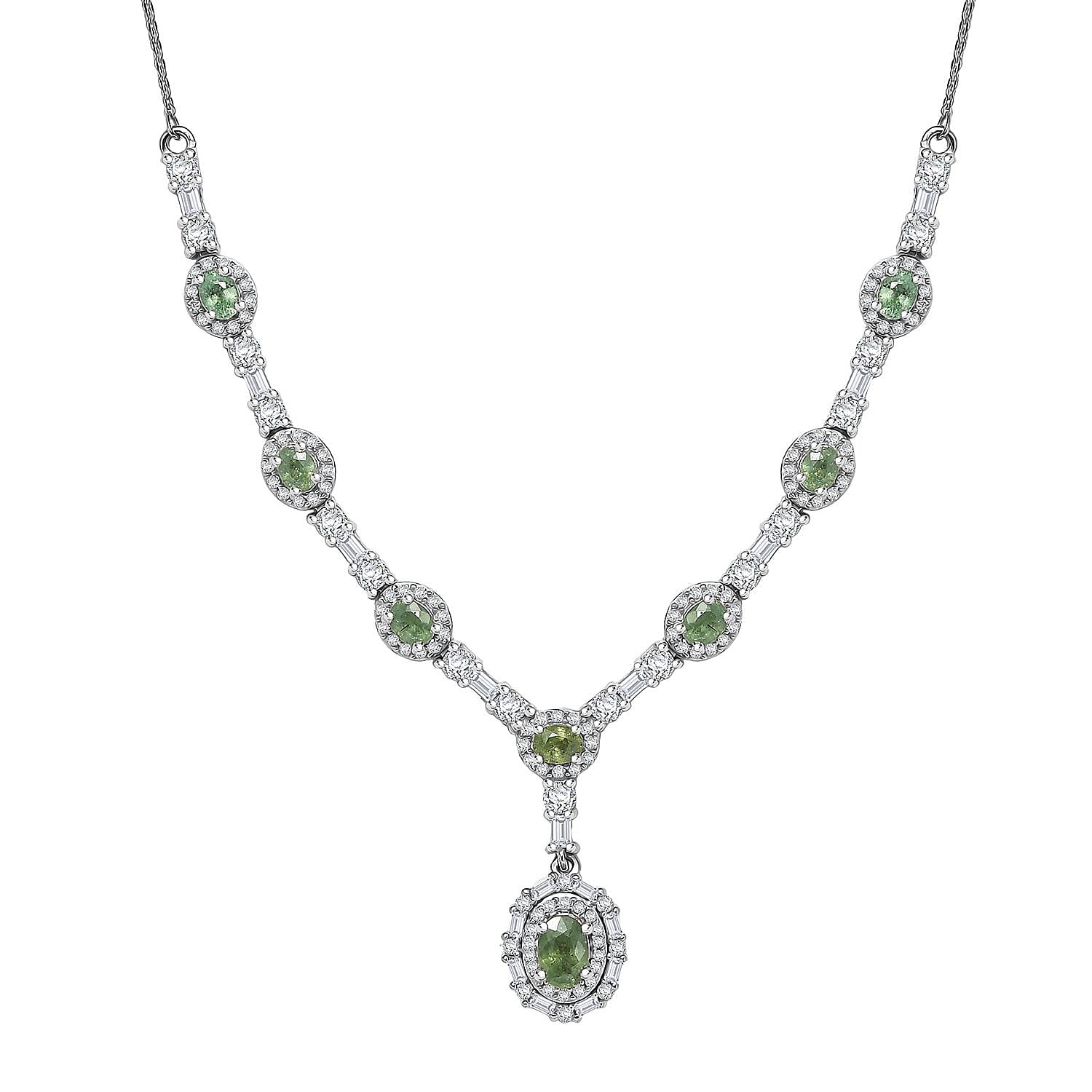 D'Joy Premium Ambanja Demantoid Garnet and Moissanite 4.65 ctw Forest Gleam Necklace in Rhodium Over Sterling Silver 18 Inches