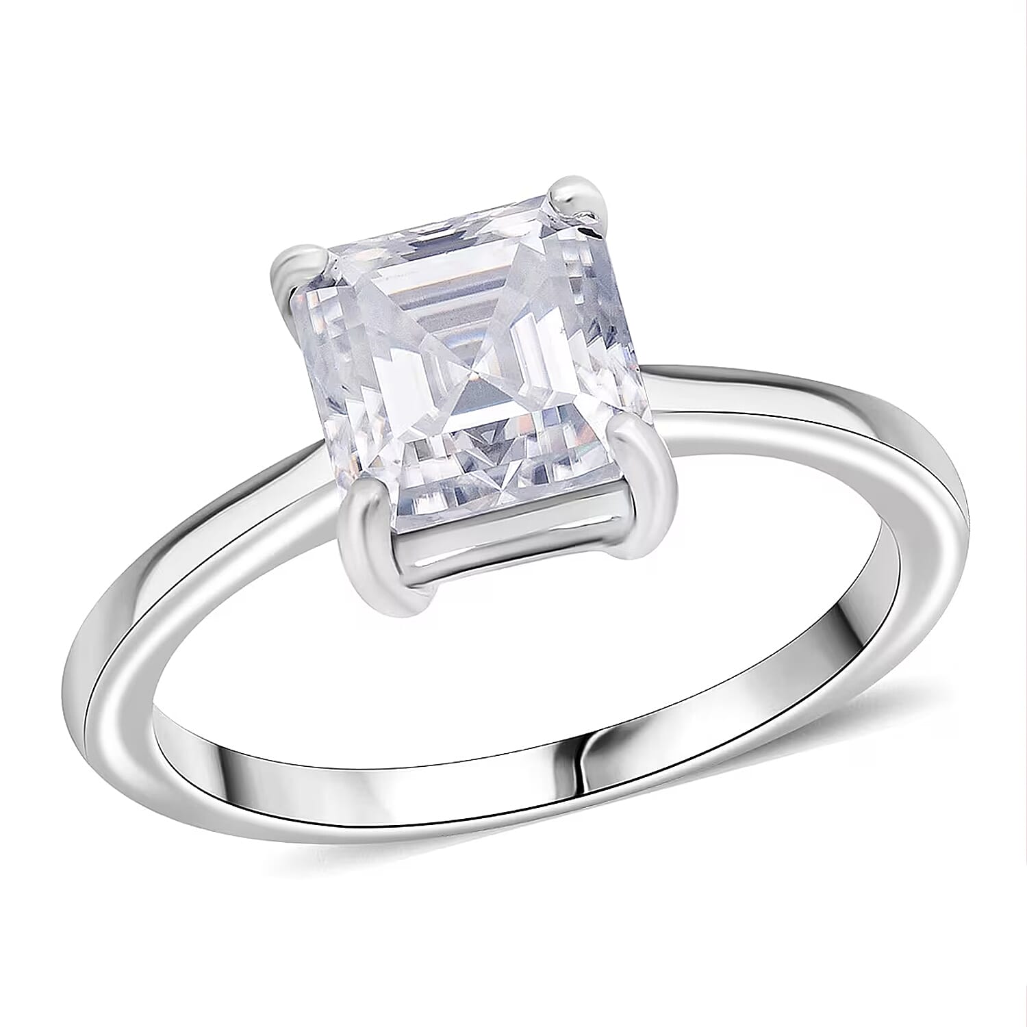 D'Joy Asscher Cut Moissanite (7mm) Ring in Rhodium Over Sterling Silver (Size 10.0) 1.90 ctw
