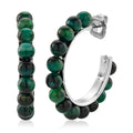 Green Tigerâ€™s Eye (D) Beaded Hoop Earrings in Silvertone Stainless Steel 20.00 ctw - Sticky add to cart bar