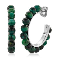 Green Tigerâ€™s Eye (D) Beaded Hoop Earrings in Silvertone Stainless Steel 20.00 ctw