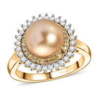 D'Joy South Sea Golden Pearl, Natural Yellow and White Diamond 0.45 ctw Ring in 18K Vermeil Yellow Gold Over Sterling Silver (Size 10.0)