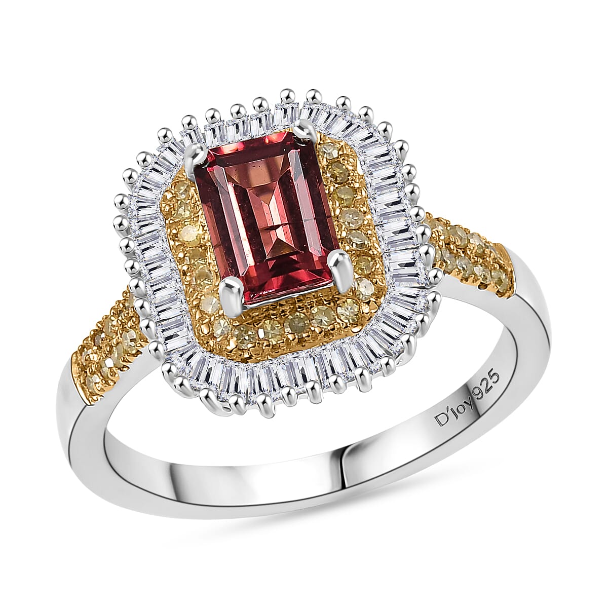 D'Joy Premium Byzantine Tourmaline, Natural Yellow and White Diamond 1.60 ctw Ring in 18K Vermeil YG and Rhodium Over Sterling Silver (Size 10.0)