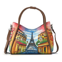 La Marey Tan Eiffel Tower Hand Painted Genuine Leather Handbag  (12.59"x9.84"x5.90") with Shoulder Strap