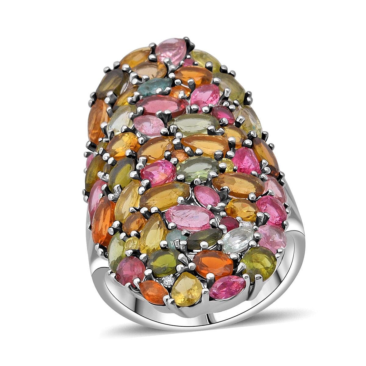 D'Joy Multi-Tourmaline and Moissanite 8.40 ctw Ring in Rhodium Over Sterling Silver