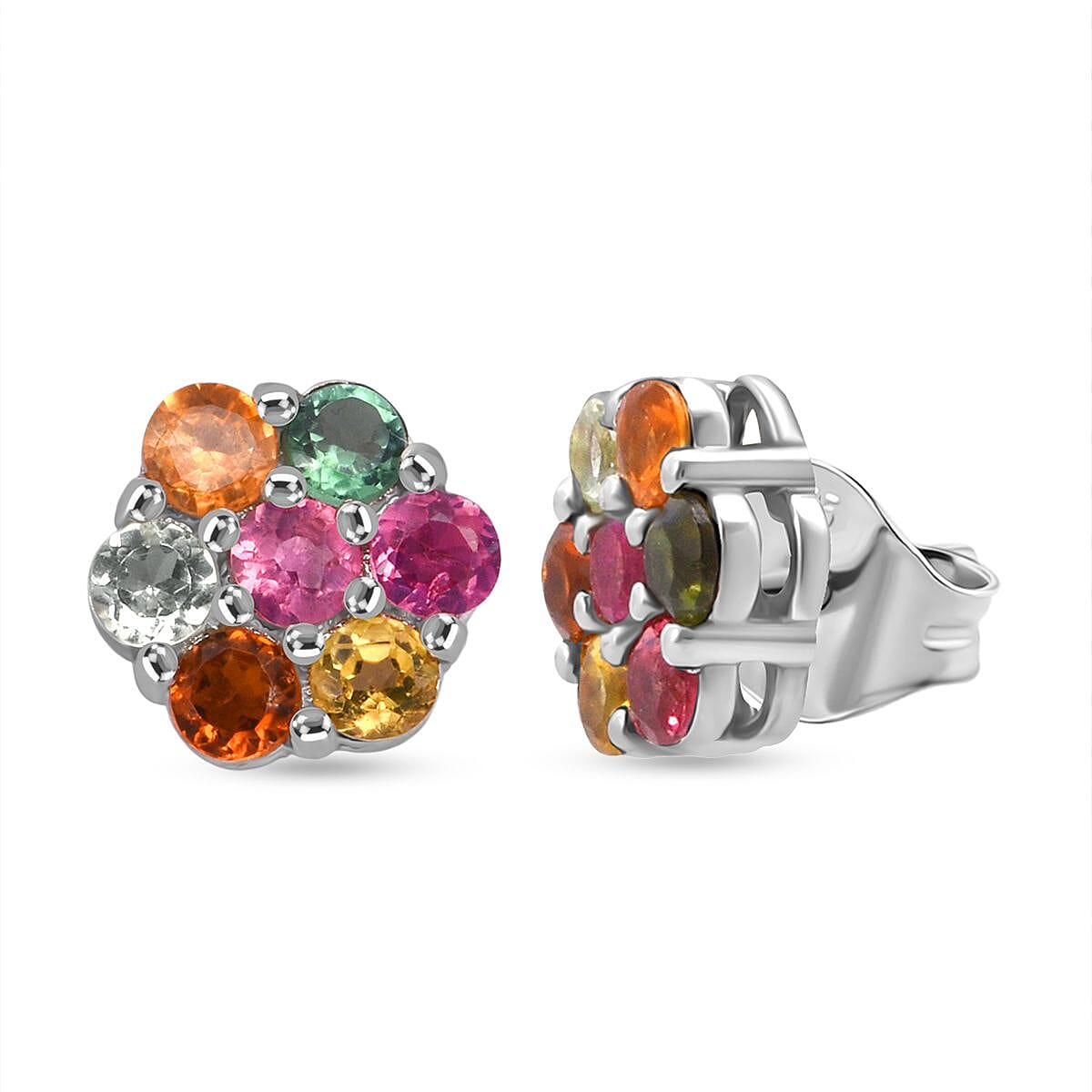 D'Joy Multi-Tourmaline 1.00 ctw Stud Earrings in Rhodium Over Sterling Silver