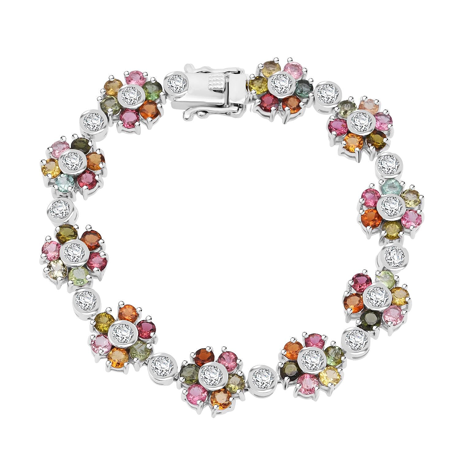 D'Joy Premium Multi-Tourmaline and Moissanite 13.25 ctw Bracelet in Rhodium Over Sterling Silver (6.50 In)