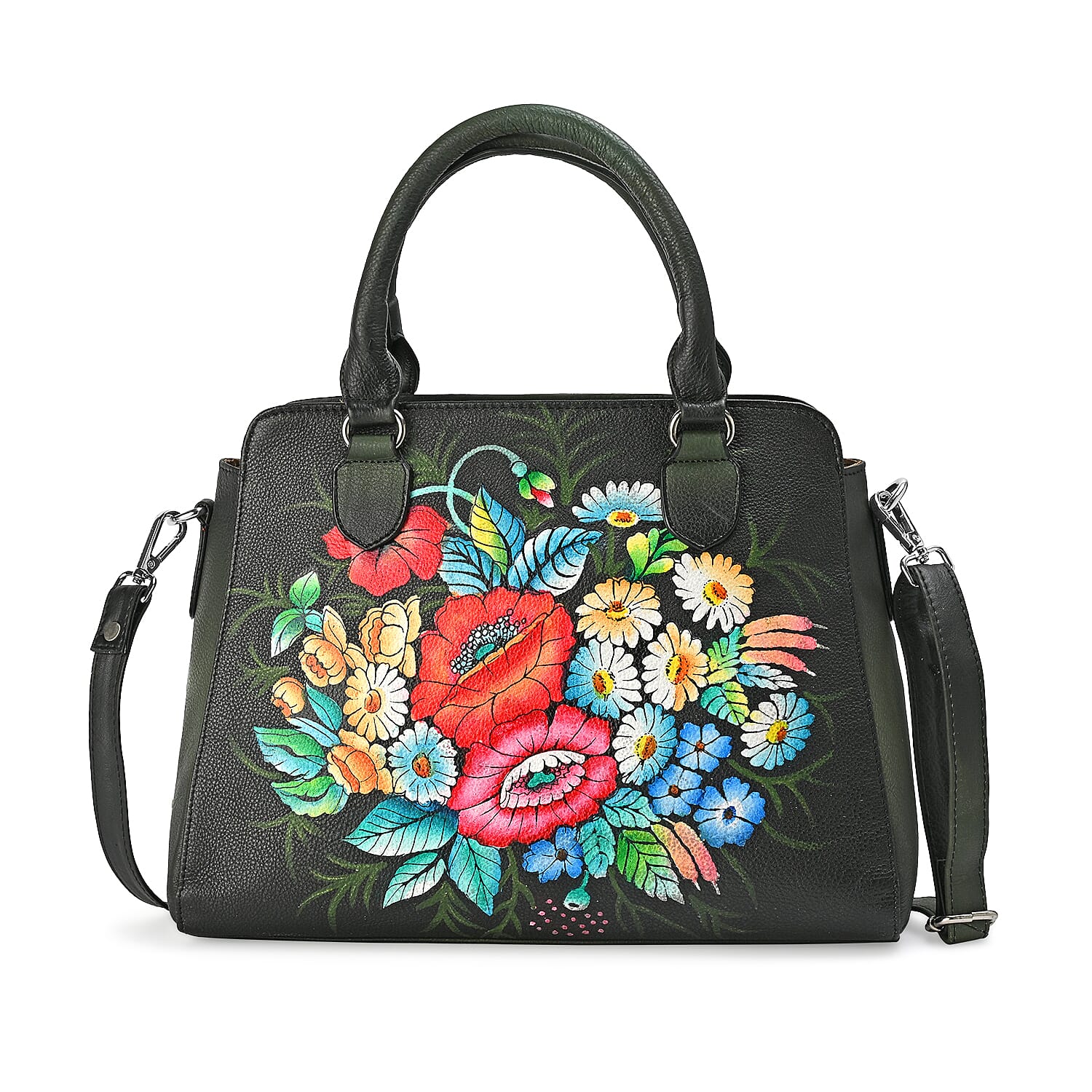 La Marey Black Flower Hand Painted Genuine Leather Tote Bag with Shoulder Strap (12.59"x9.84"x5.90")