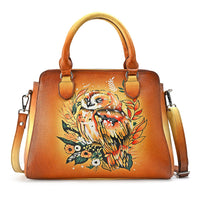 La Marey Black Flower Hand Painted Genuine Leather Tote Bag with Shoulder Strap (12.59"x9.84"x5.90")
