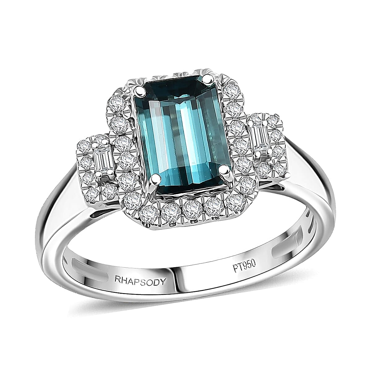 Certified & Appraised Rhapsody 950 Platinum AAAA Monte Belo Indicolite, Diamond (E-F, VS) (0.35 cts) Ring (Size 10.0) (6.05 g) 2.02 ctw
