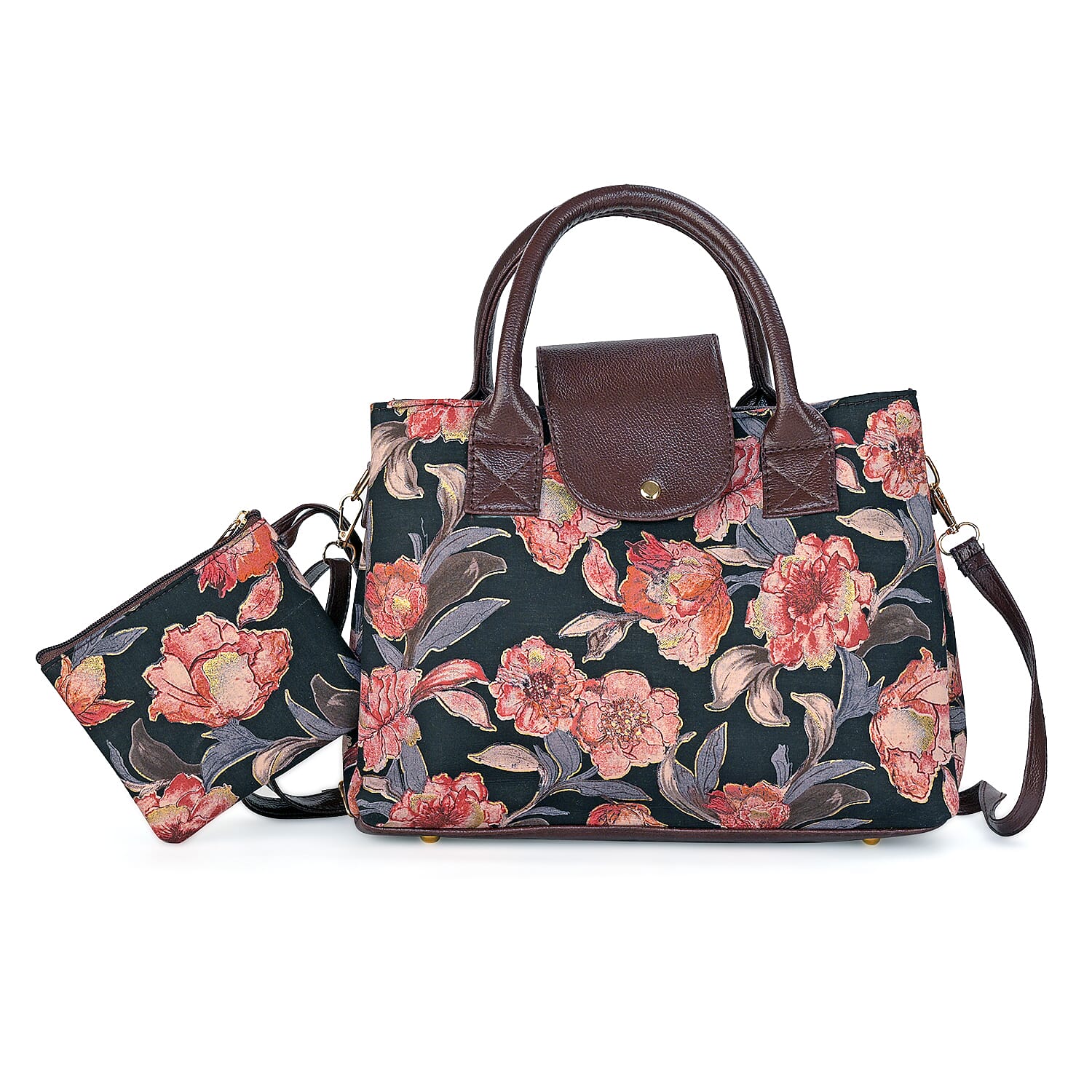 LA Marey Yellow Cotton Printed Genuine Leather Satchel Bag (14"x11") with Magneting Flap Clouser and Detachable Shoulder Strap with Pouch