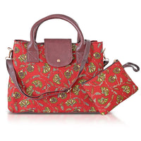 LA Marey Yellow Cotton Printed Genuine Leather Satchel Bag (14"x11") with Magneting Flap Clouser and Detachable Shoulder Strap with Pouch
