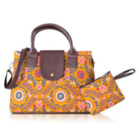 LA Marey Yellow Cotton Printed Genuine Leather Satchel Bag (14"x11") with Magneting Flap Clouser and Detachable Shoulder Strap with Pouch