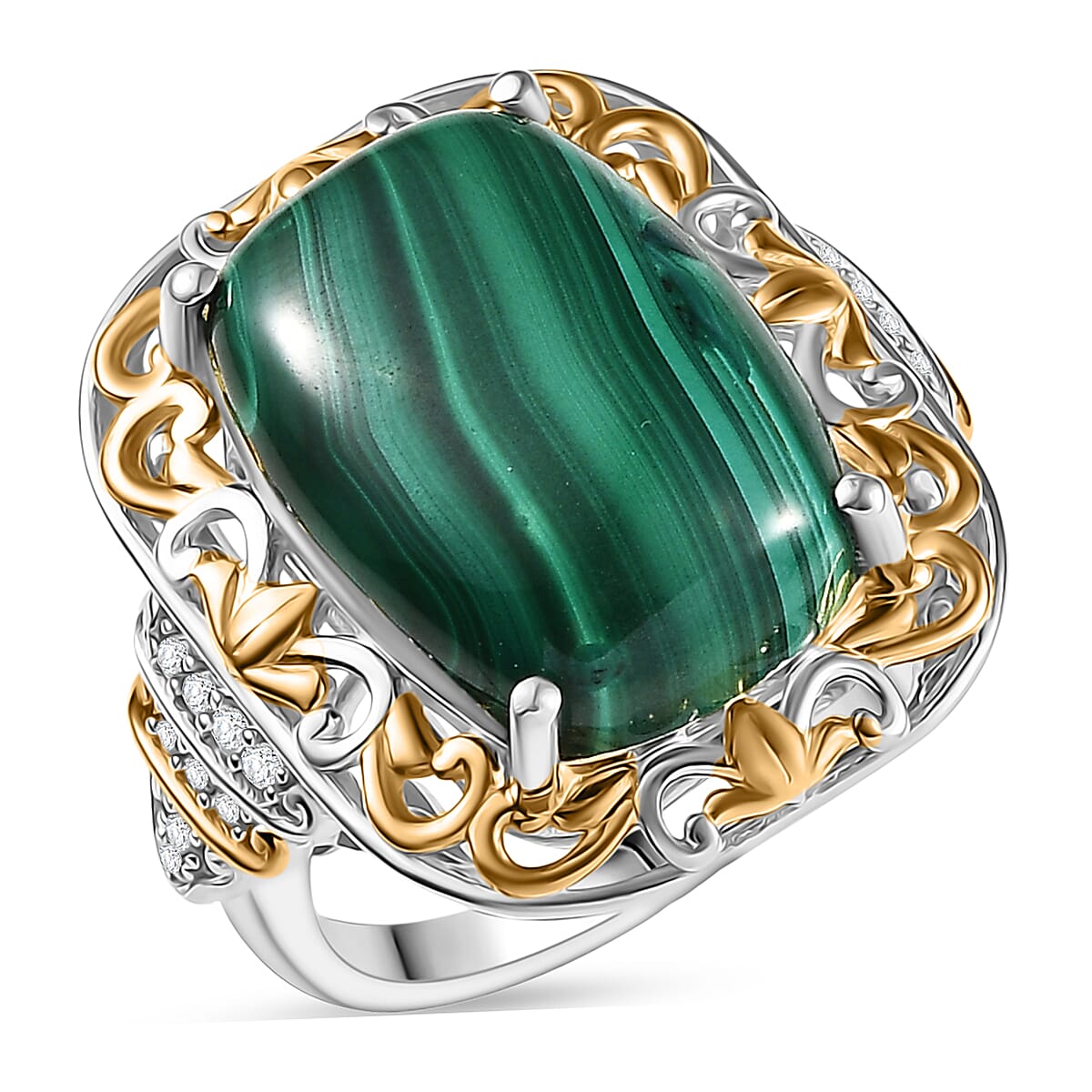 EverTrue African Malachite, White Zircon Ring in 18K YG Plated and Platinum Bond (Size 10.0) 17.00 ctw