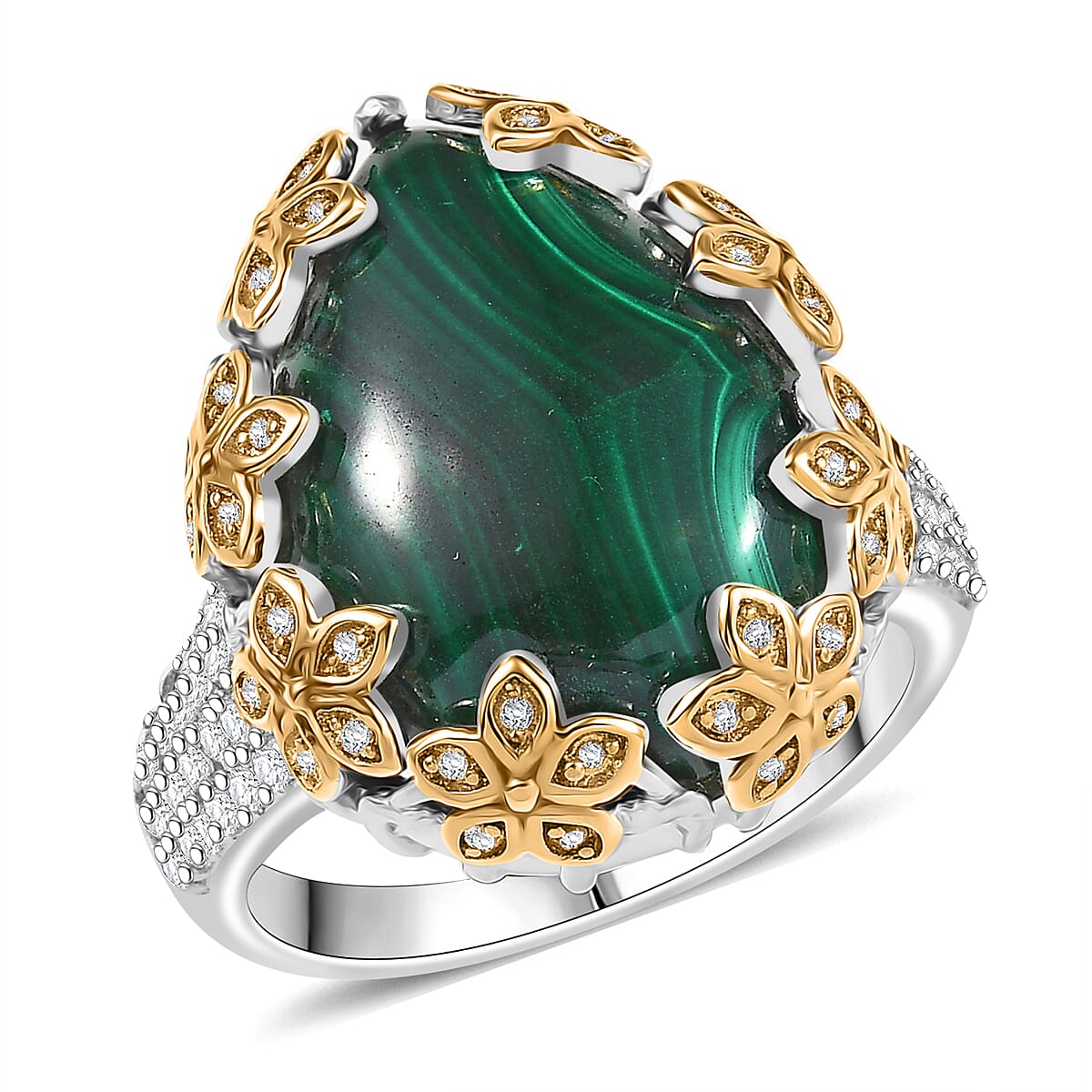 EverTrue African Malachite, White Zircon Ring in 18K YG Plated and Platinum Bond (Size 10.0) 20.00 ctw