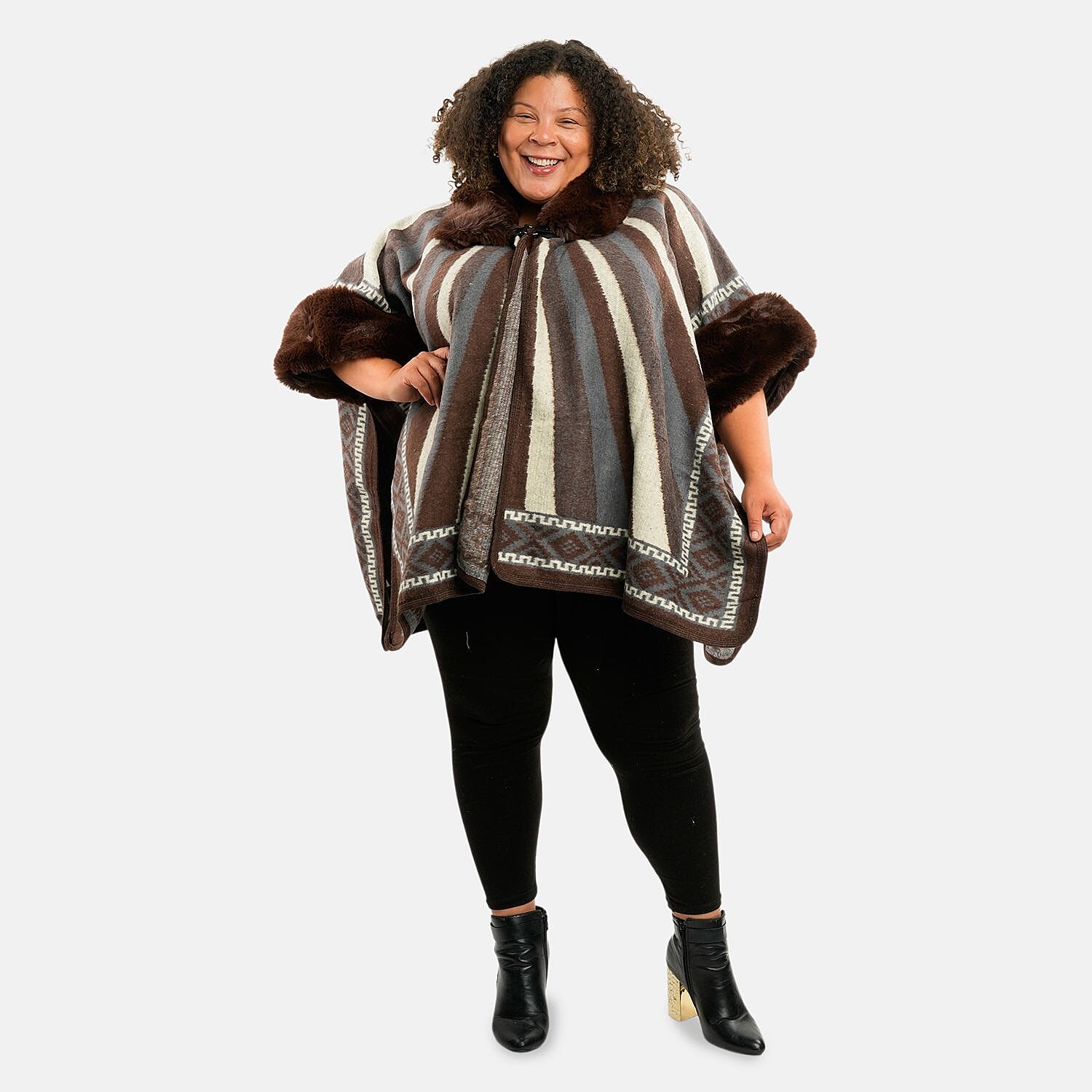 Instyle Brown Stripe Faux Fur Ruana - One Size Fits Most