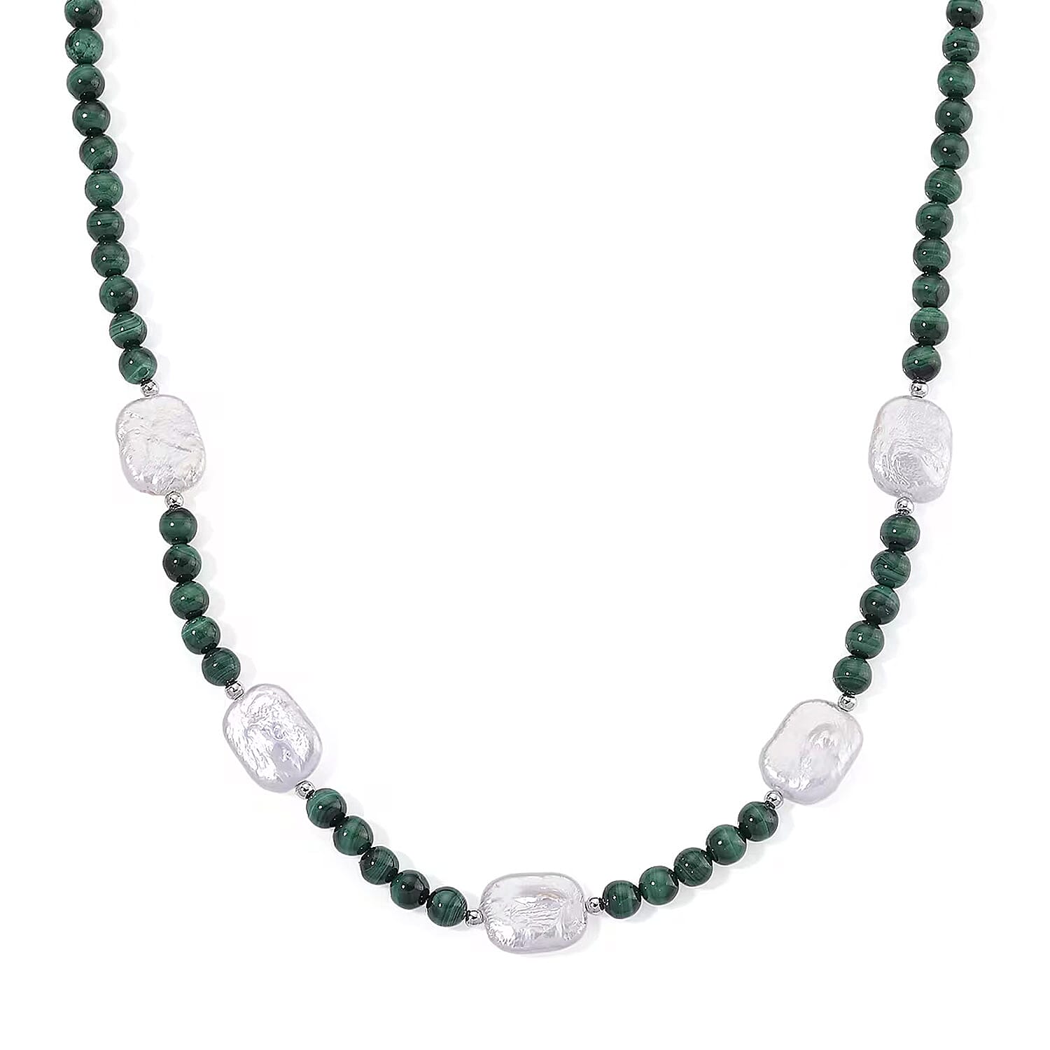D'Joy African Malachite 120.00 ctw and White Shell Pearl Beaded Necklace in Rhodium Over Sterling Silver 18-20 Inches