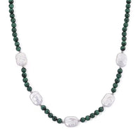 D'Joy African Malachite 120.00 ctw and White Shell Pearl Beaded Necklace in Rhodium Over Sterling Silver 18-20 Inches