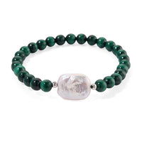 African Malachite 70.00 ctw and White Shell Pearl Beaded Stretch Bracelet