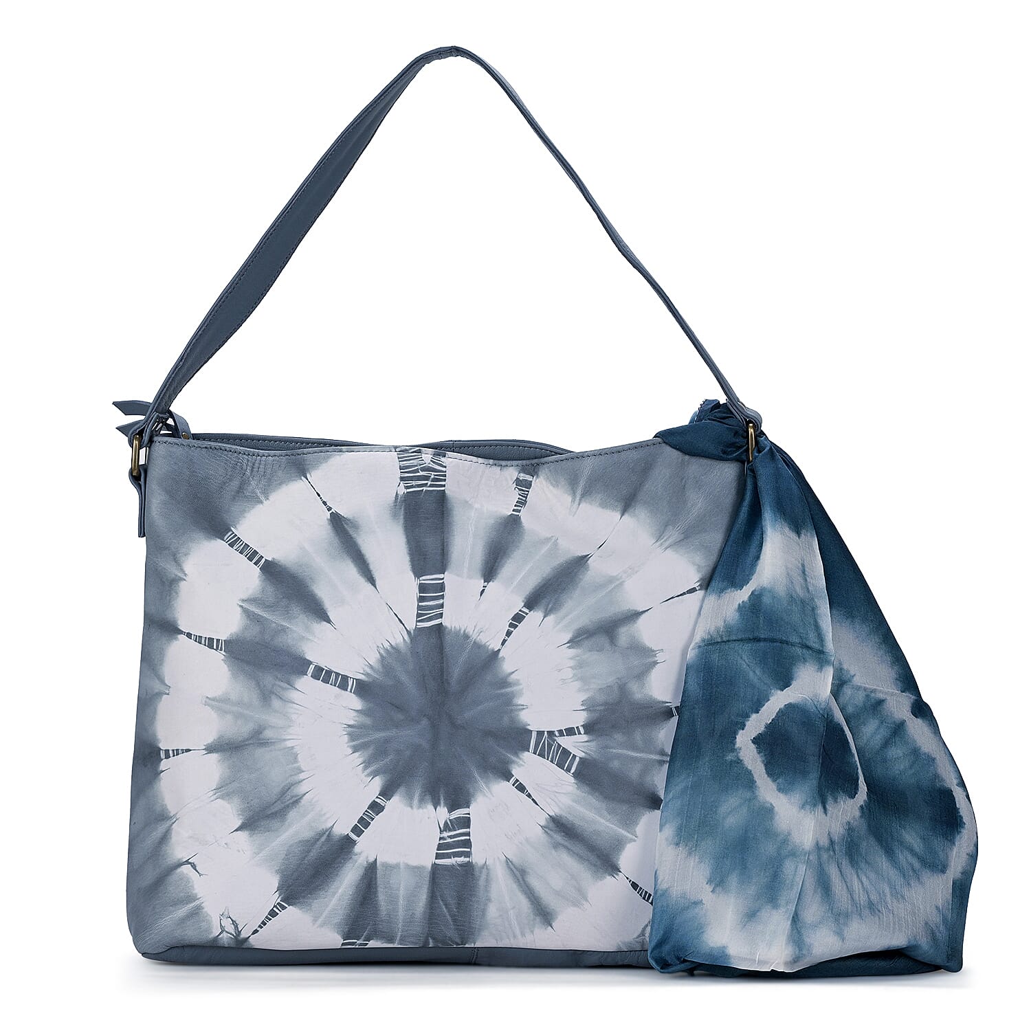 LA Marey Light Blue Genuine Leather Tote Bag (15.74"x12.20"x5.11") with Silk Scarf