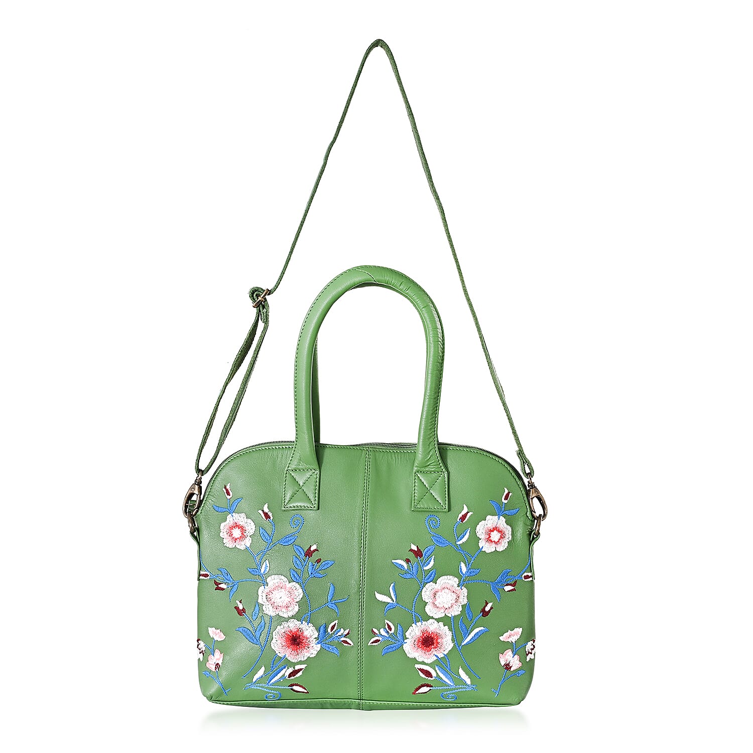 LA Marey Green Genuine Leather Embroidery Work Crossbody Bag with Silk Scarf (13"x11.8"x2.7")