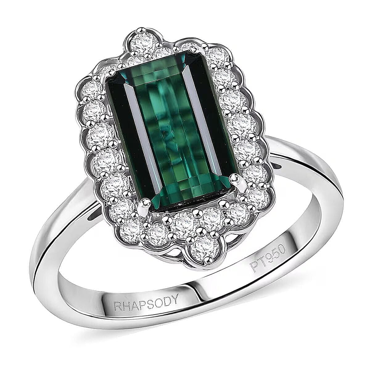 Certified & Appraised Rhapsody 950 Platinum AAAA Monte Belo Indicolite, Diamond (E-F, VS) (0.61 cts) Ring (Size 10.0) (7.24 g) 3.98 ctw
