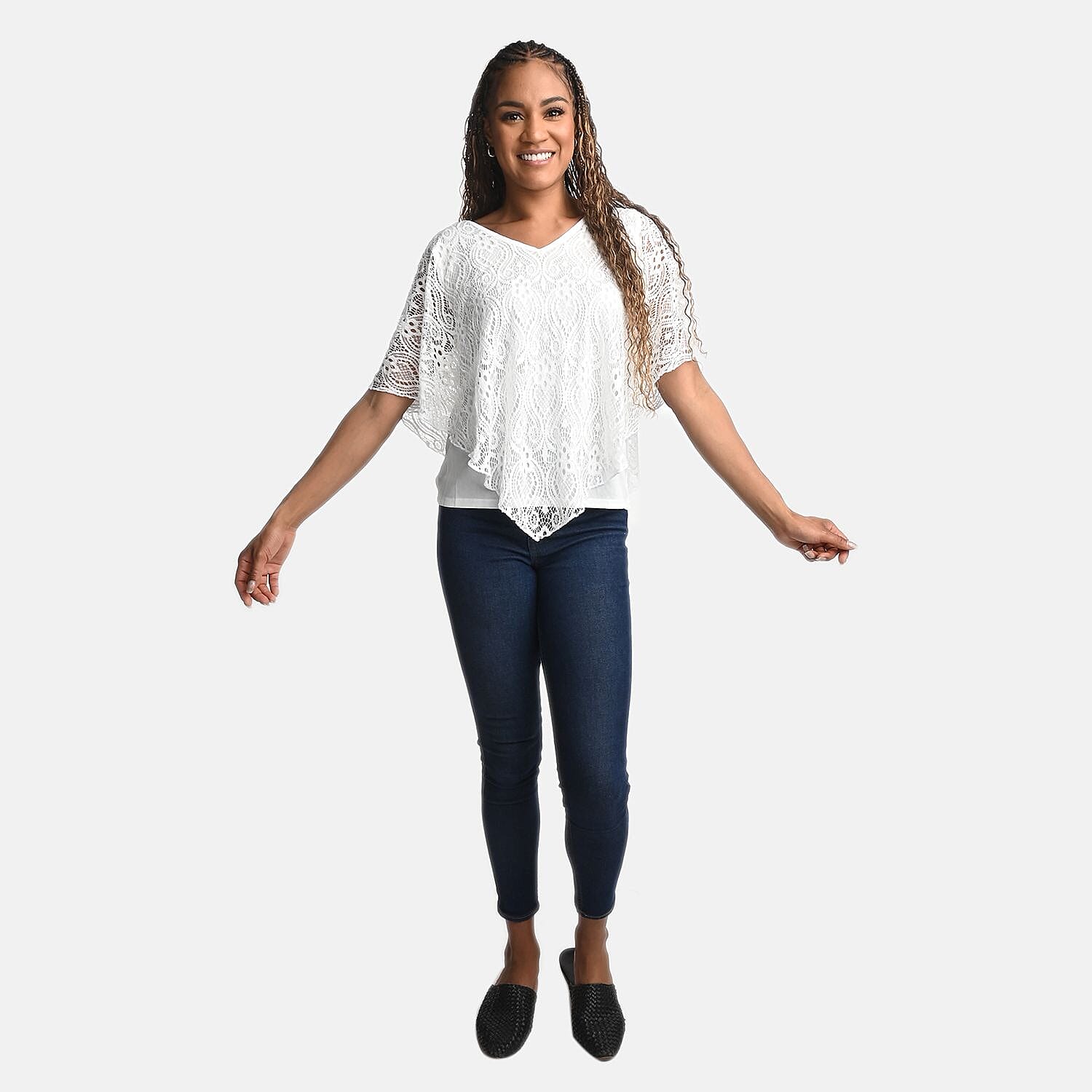 BRITANY BLACK White Stretch Lace 2 Layer Blouse with Sequin - L