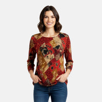 Brittany Black Red Floral Colorblock 3/4 Sleeve Blouse - L