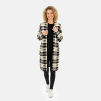 BRITANY BLACK Beige Plaid Long Sleeve Soft Knit Cardigan with Pockets - L
