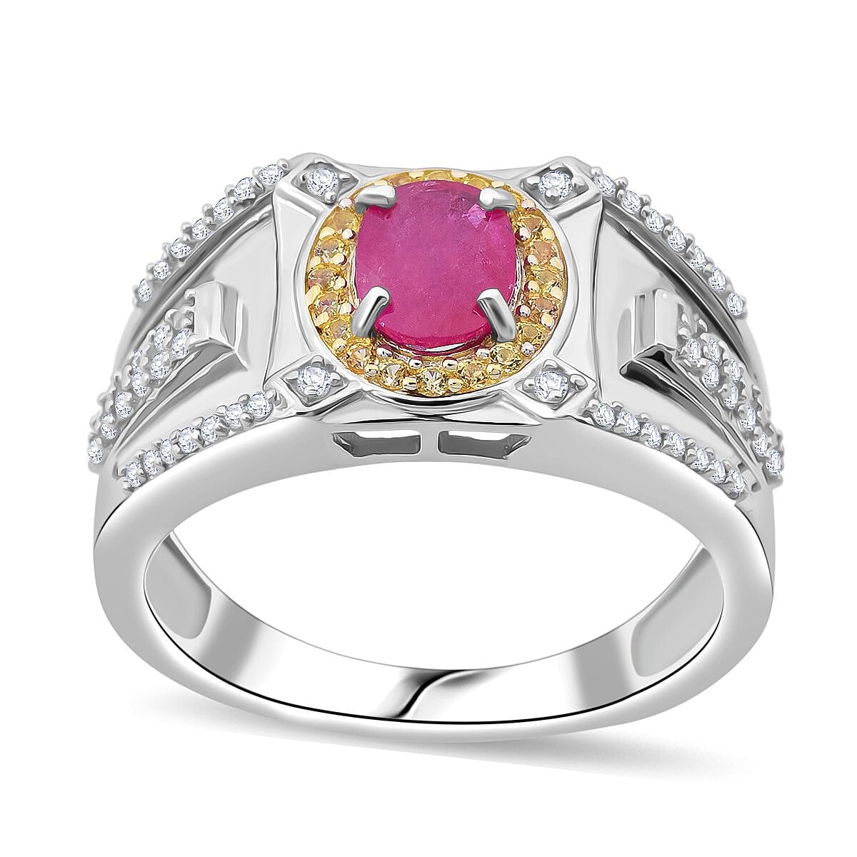 TLV D'Joy Mozambique Ruby, Multi Gemstone Men's Ring in Rhodium Over Sterling Silver (Size 10.0) 2.15 ctw