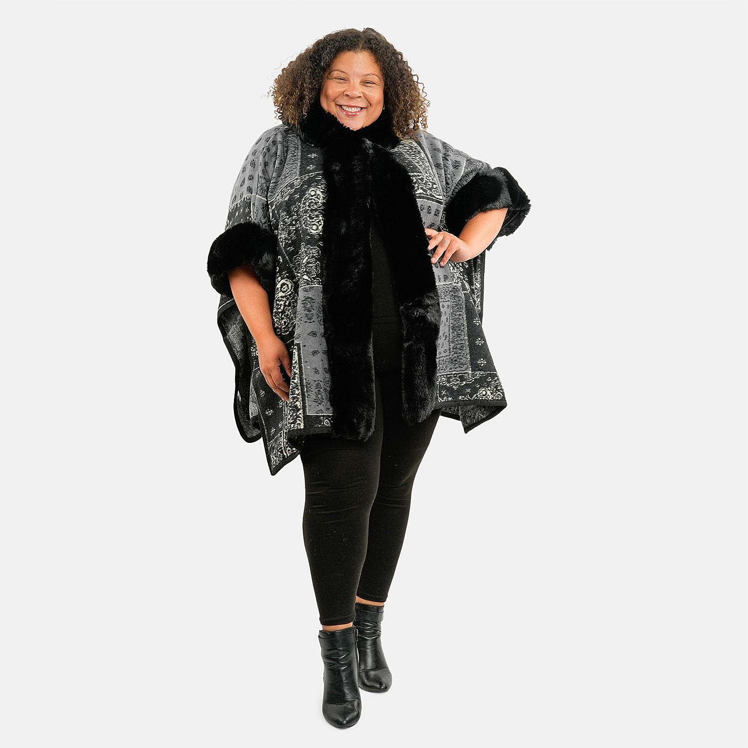 Instyle Black Patchwork Faux Fur Hood Ruana - One Size Fits Most