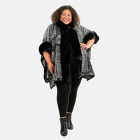 Instyle Black Patchwork Faux Fur Hood Ruana - One Size Fits Most