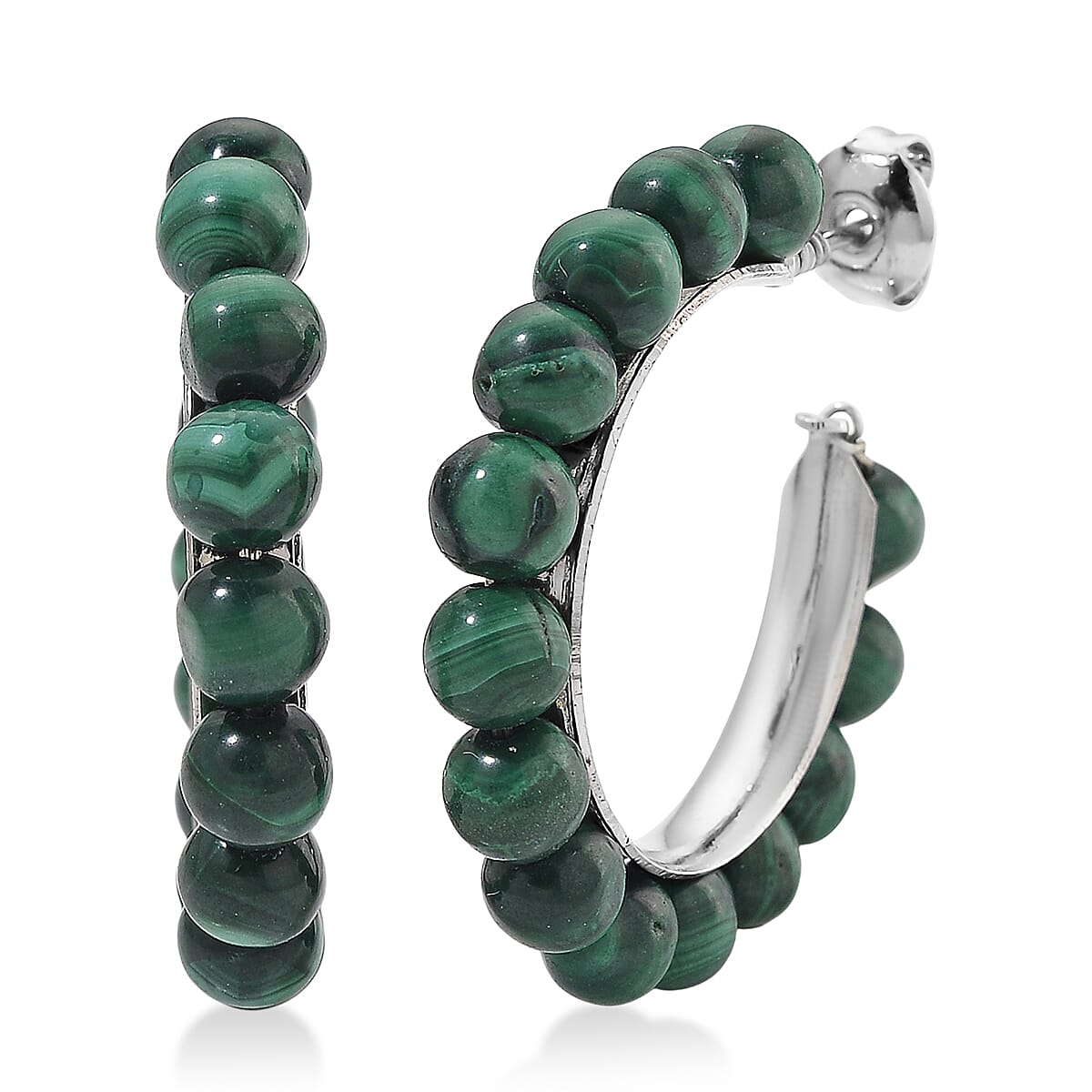 African Malachite 30.00 ctw Beaded Hoop Earrings in Silvertone