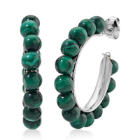 African Malachite 30.00 ctw Beaded Hoop Earrings in Silvertone