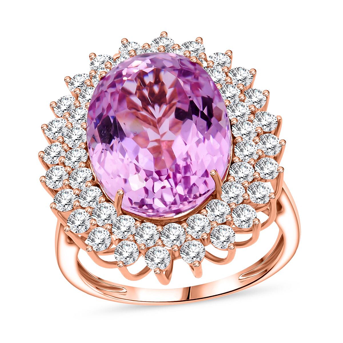 10K Rose Gold AAAA Patroke Kunzite, Luxuriant Lab Grown Diamond (G-H, SI) Ring (Size 6.0) (4 g) 14.50 ctw