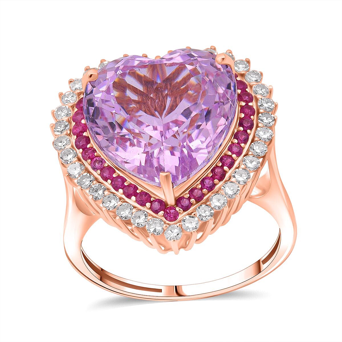 10K Rose Gold AAA Patroke Kunzite, Pink Sapphire, Luxuriant Lab Grown Diamond (G-H, SI) Heart Ring (Size 6.0) 12.20 ctw