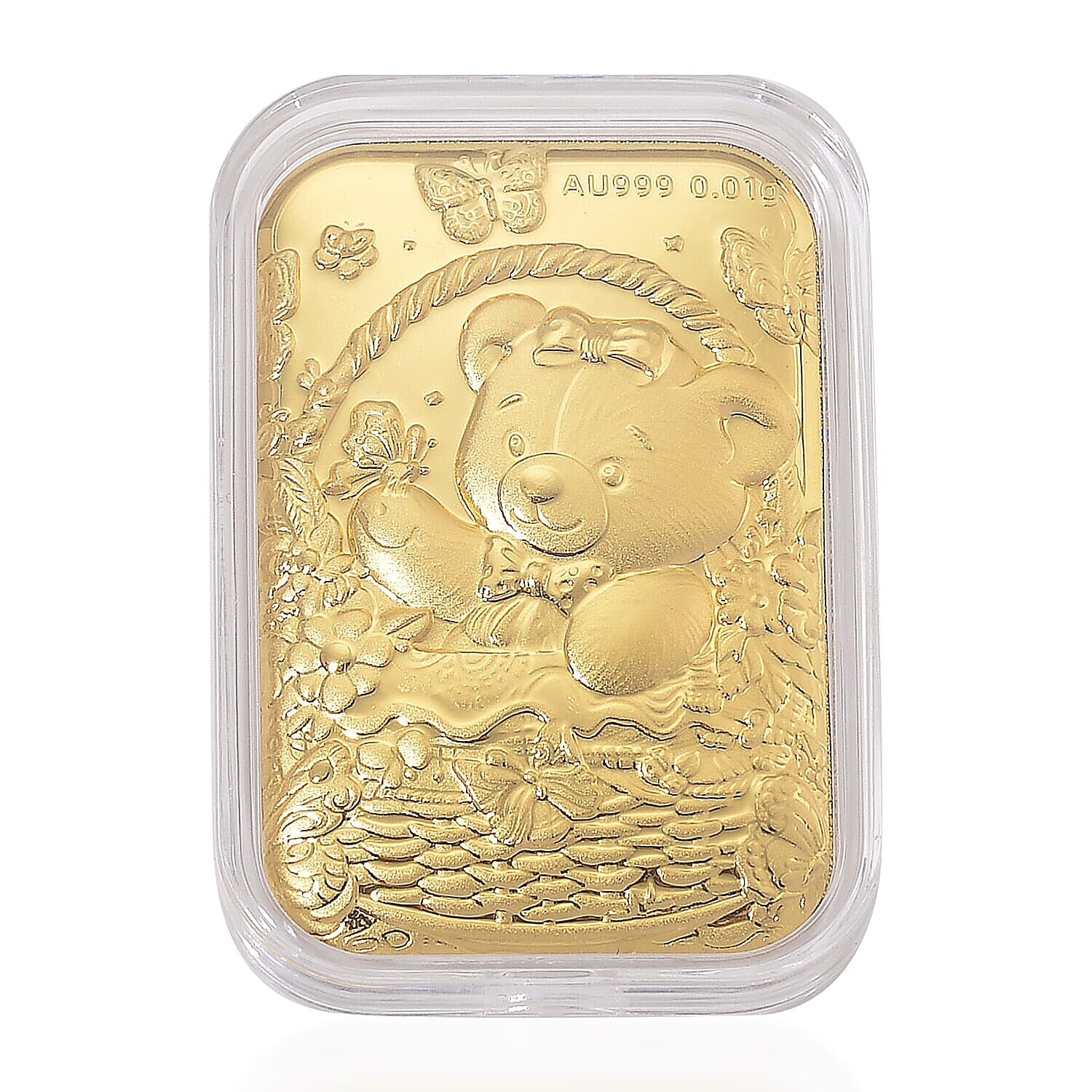 24K Yellow Gold Teddy Bear Sitting in Basket Embossed Sheet 10mg
