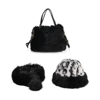 Tamsy Black 3 Piece Set of Printed Round Hat, Scarf and Fur Bag  (9.45"×7.09")