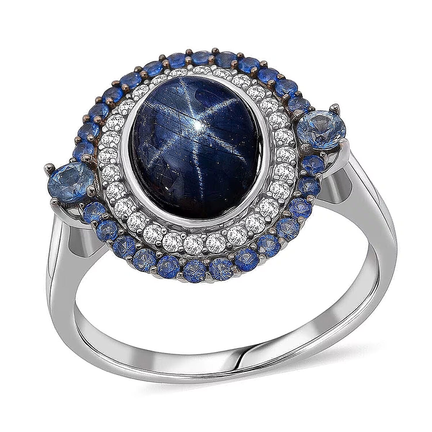 D'Joy Premium Blue Star Sapphire (DF) and Multi Gemstone 5.75 ctw Royal Starflare Ring in Rhodium Over Sterling Silver (Size 10.0)