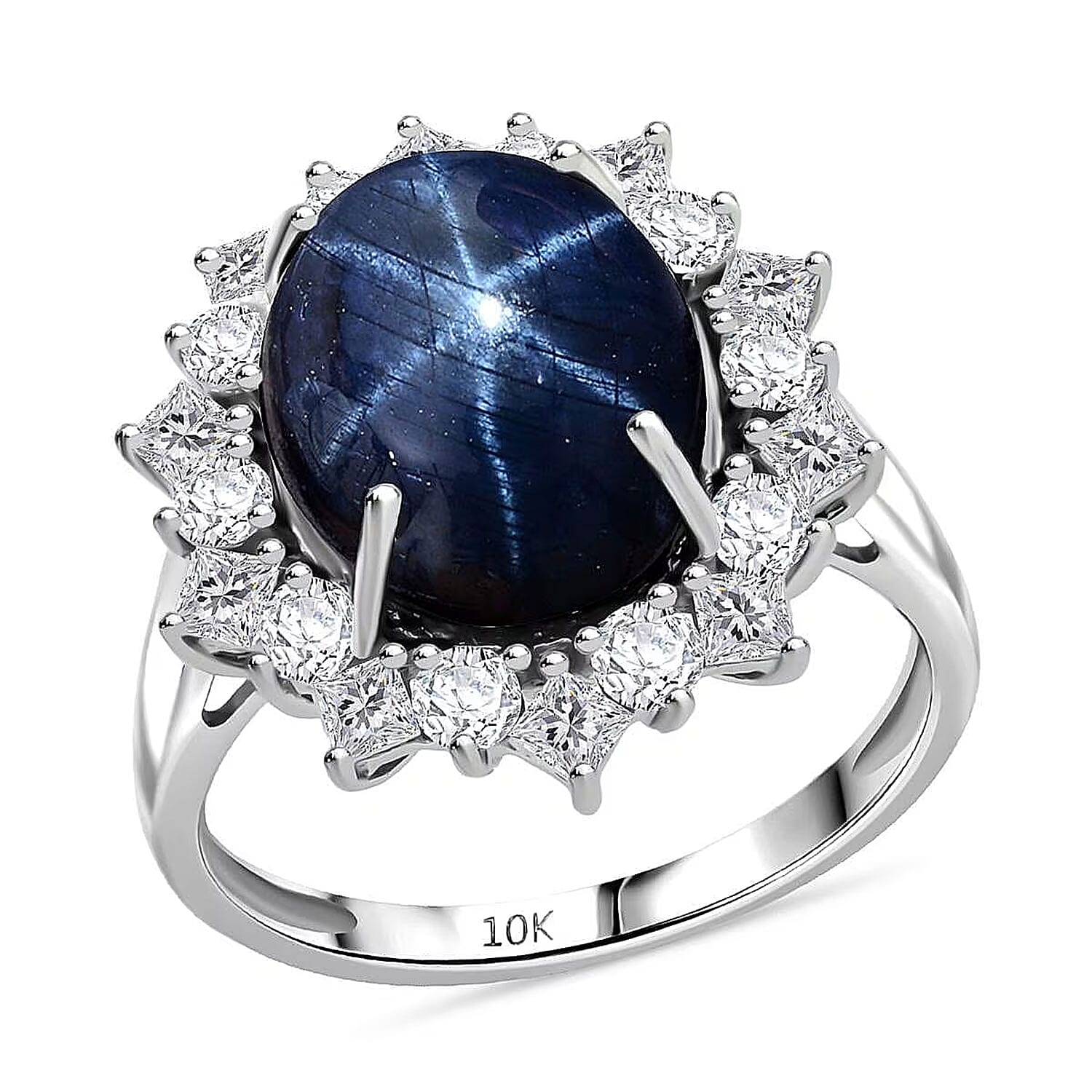 Premium Blue Star Sapphire (DF) and Moissanite 9.15 ctw Starborn Majesty Ring in 10K White Gold (Size 10.0)