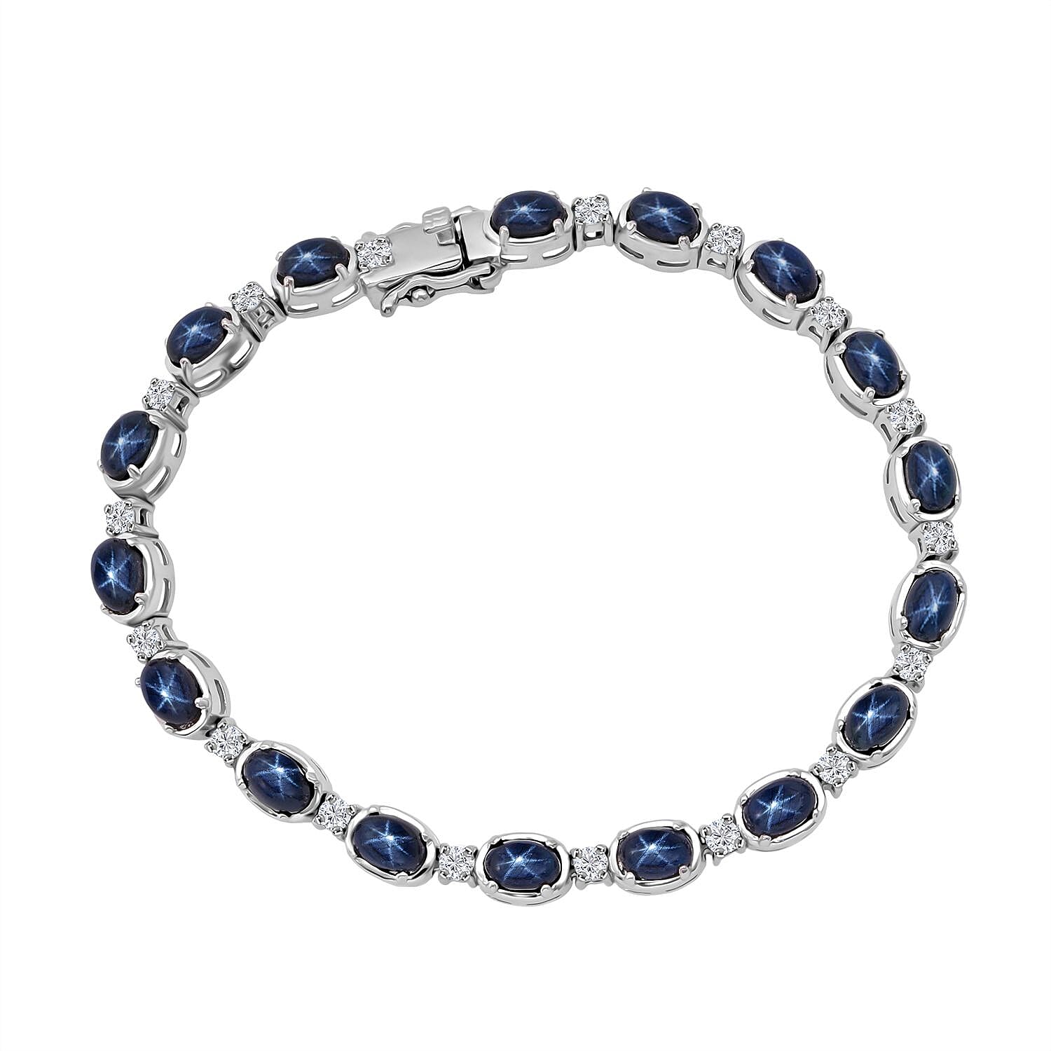 D'Joy Blue Star Sapphire (DF) and Moissanite 12.15 ctw Bracelet in Rhodium Over Sterling Silver (6.50 In)