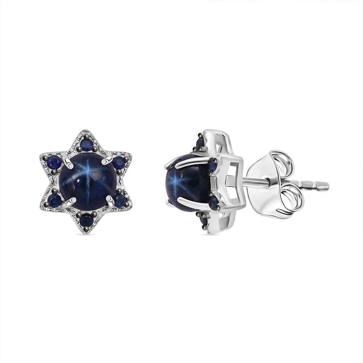 D'Joy Premium Blue Star Sapphire (DF) and Blue Sapphire 1.75 ctw Stud Earrings in Rhodium Over Sterling Silver