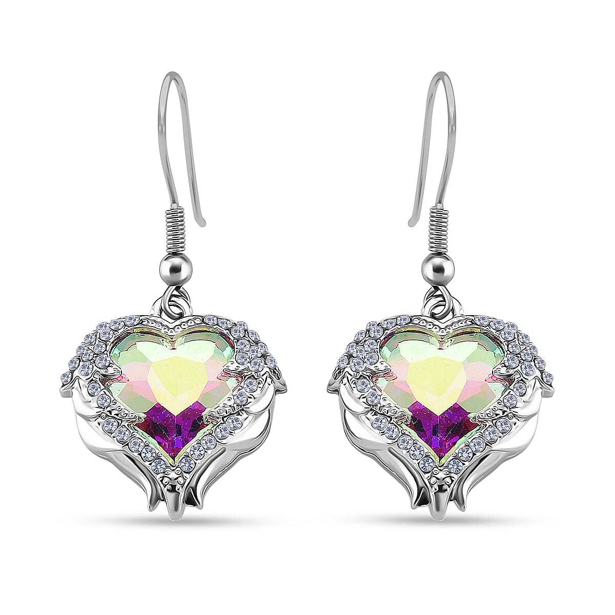 White Aurora Borealis Color Glass and Austrian Crystal Heart Earrings in Silvertone