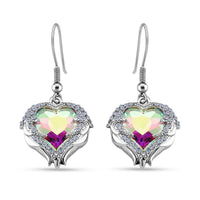 White Aurora Borealis Color Glass and Austrian Crystal Heart Earrings in Silvertone