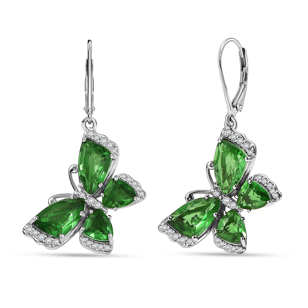 EverTrue Chartreuse Quartz (Triplet) and White Zircon 10.15 ctw Butterfly Earrings in Platinum Bond