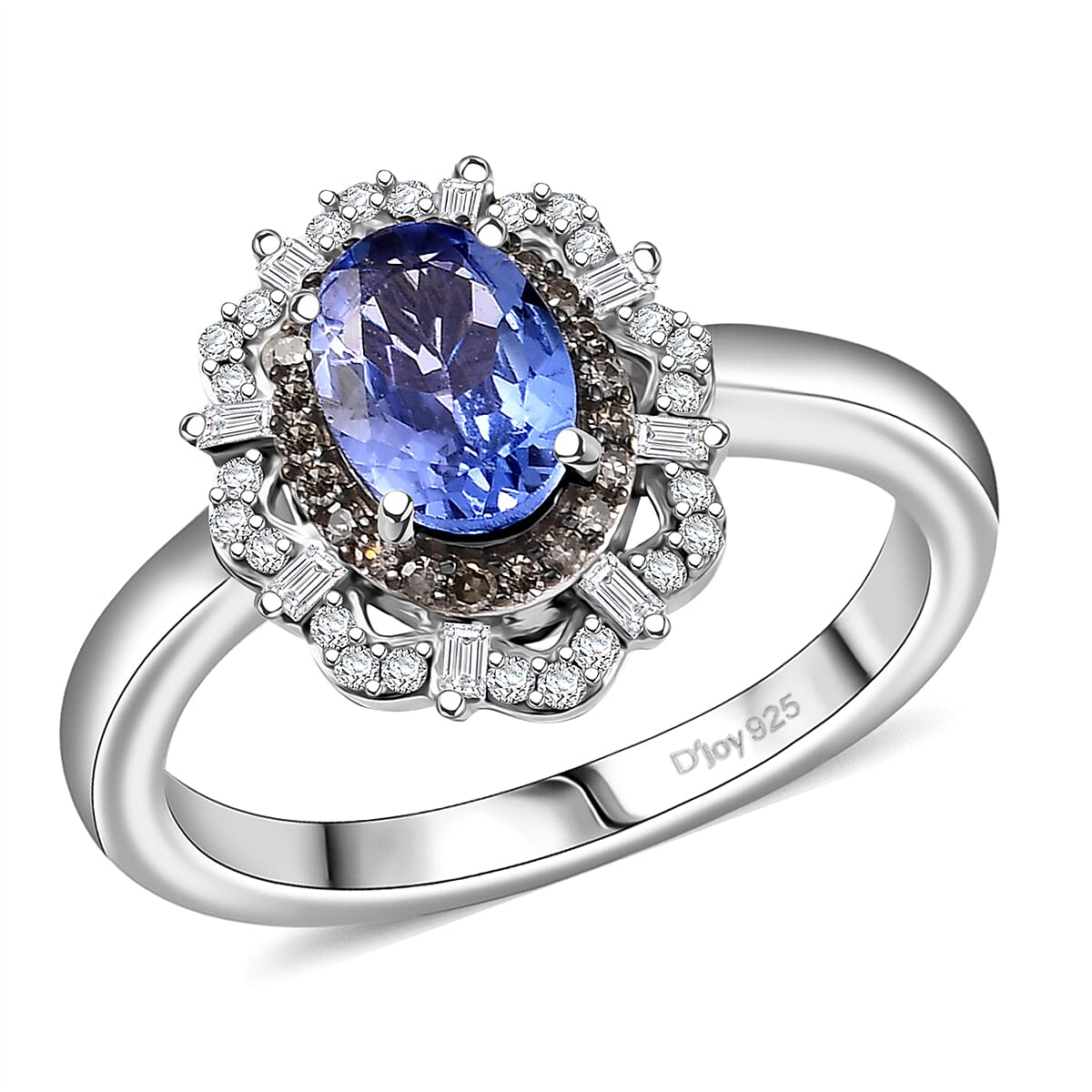 D'Joy Premium Tanzanite, Natural Champagne and White Diamond 1.00 ctw Ring in Rhodium Over Sterling Silver (Size 10.0)