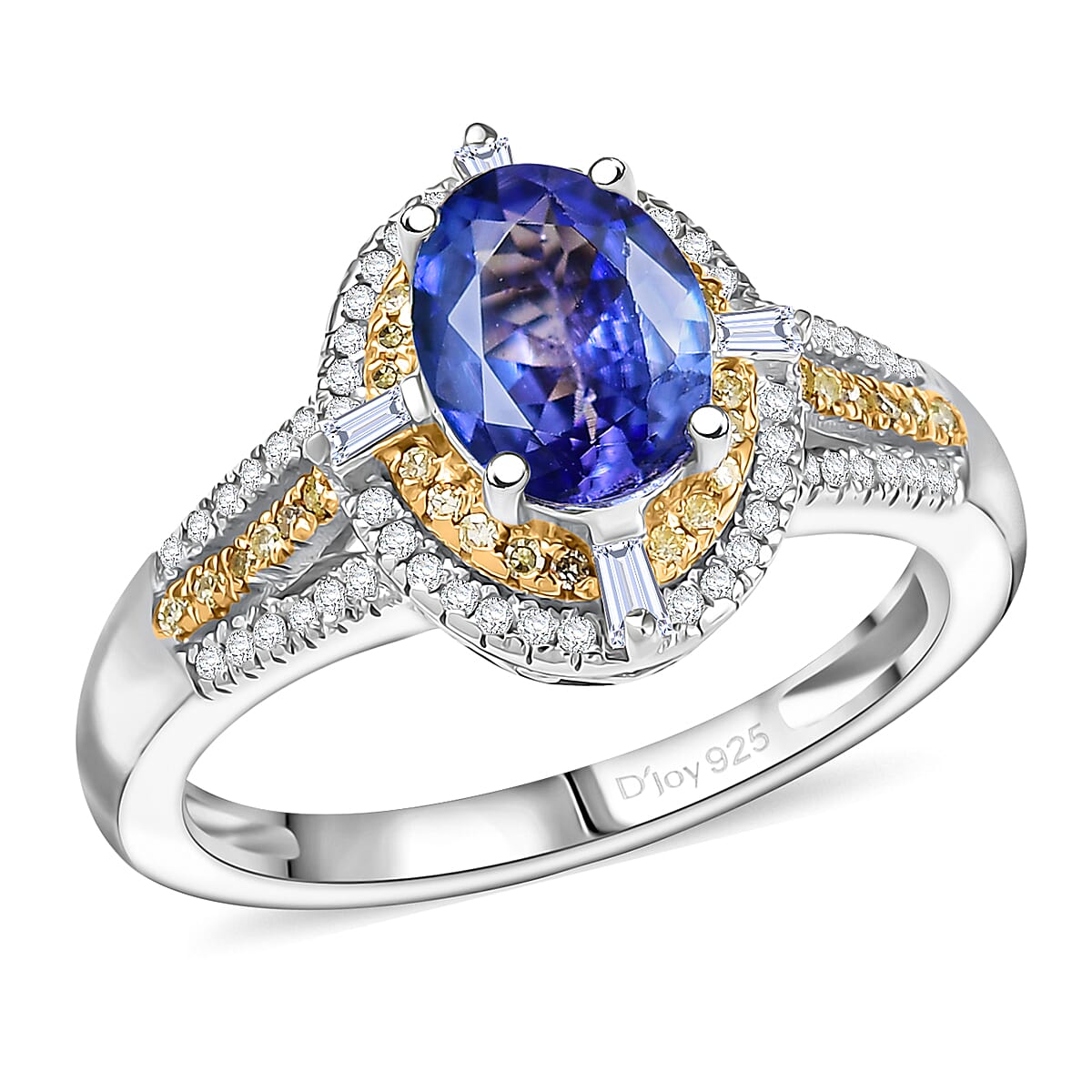 D'Joy Tanzanite, Natural Yellow and White Diamond (0.34 cts) Art Deco Ring in Rhodium Over Sterling Silver (Size 10.0) 1.50 ctw