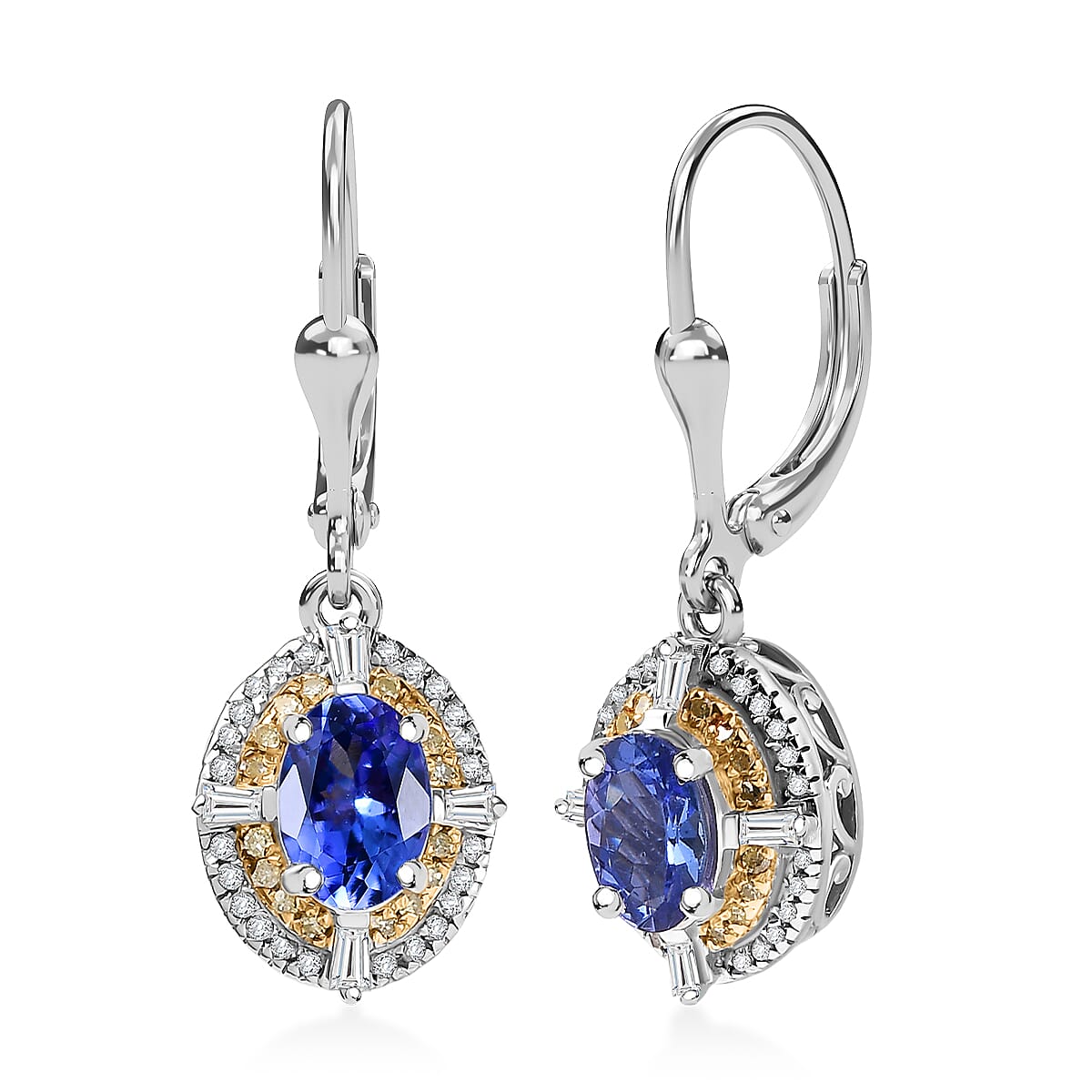 D'Joy Tanzanite, Natural Yellow and White Diamond 1.90 ctw Art Deco Earrings in Rhodium Over Sterling Silver