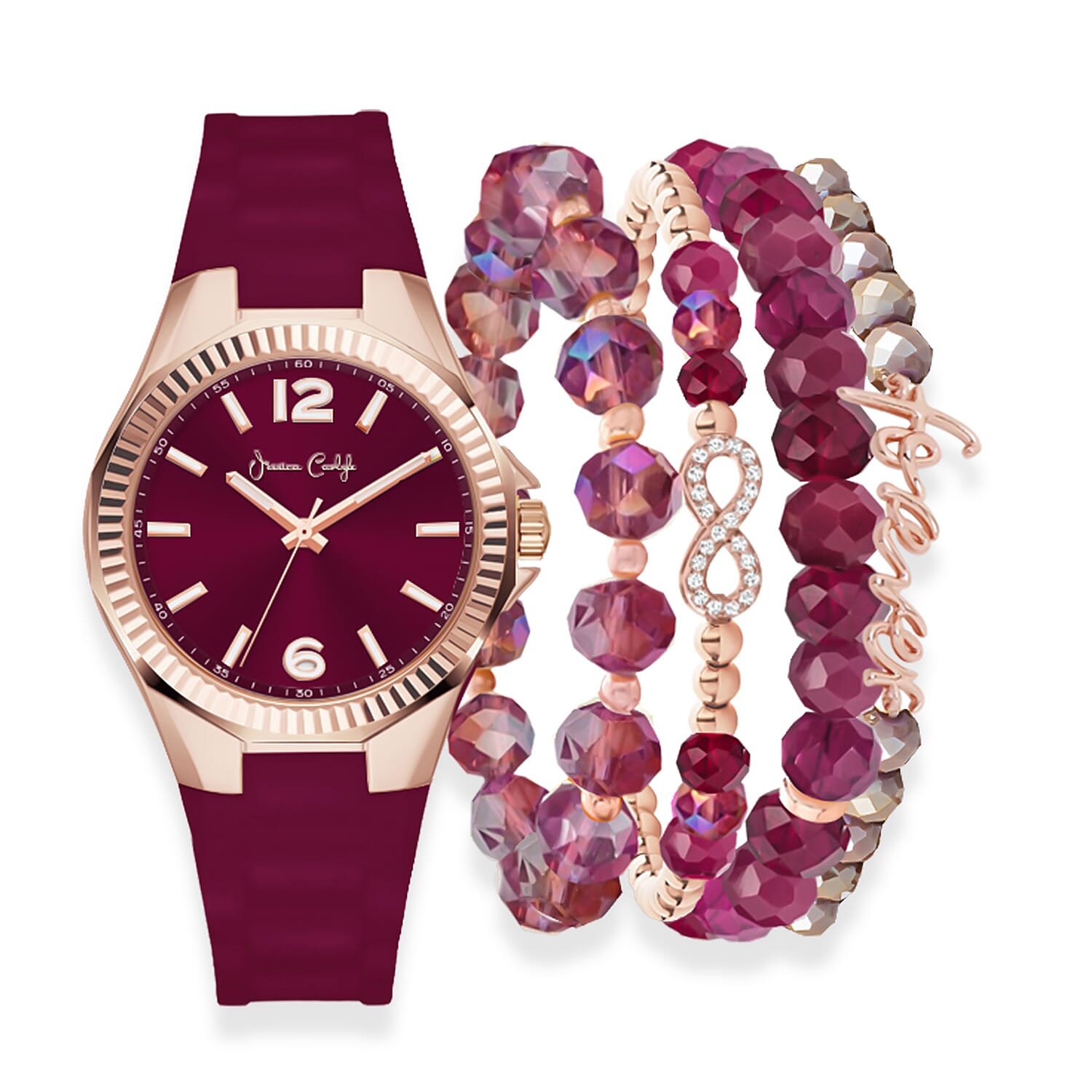 Women's Matte Burgundy Silicone Strap 35mm Analog Watch & Coordinating, Stackable Bracelet Set
