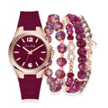 Women's Matte Burgundy Silicone Strap 35mm Analog Watch & Coordinating, Stackable Bracelet Set - Sticky add to cart bar