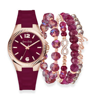Women's Matte Burgundy Silicone Strap 35mm Analog Watch & Coordinating, Stackable Bracelet Set